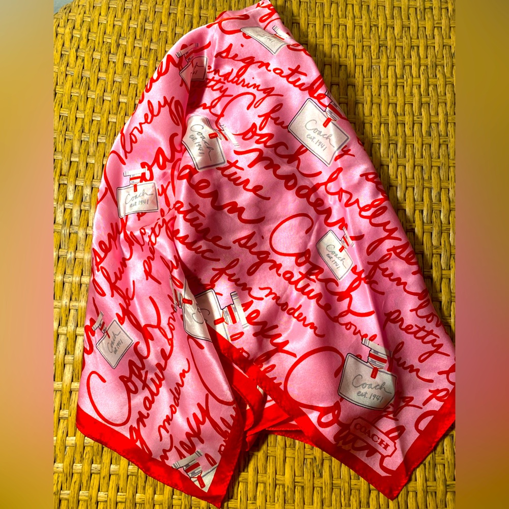 Rare Coach pink/red/white lightweight silk scarf. Vintage 1941 perfume print
